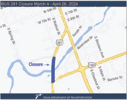The blue stretch of roadway from E.E. Ohnmeiss Drive over the Sulphur Creek bridge will be closed to motorists from March 4 to April 26, according to TxDOT projections. COURTESY PHOTO | TXDOT