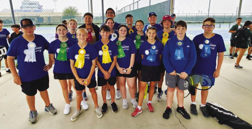 Middle school tennis players pose with their ribbons from last week’s district tournament. COURTESY PHOTO | LAINA WHITE