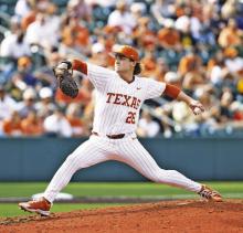 Ace Whitehead throws a pitch during his Saturday start against the Baylor Bears. COURTESY PHOTO | TEXAS ATHLETICS
