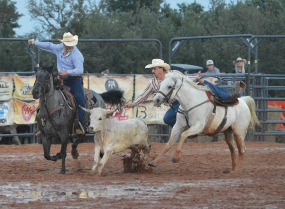 erick mitchell | dispatch record Call Brown reaches to grab his steer during Friday’s steer wrestling at the Riata Roundup Rodeo.