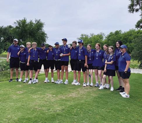 Both the boys’ and girls’ middle school golf teams pose for a photo after finishing first and second, respectively, in the district tournaments last week. COURTESY PHOTO