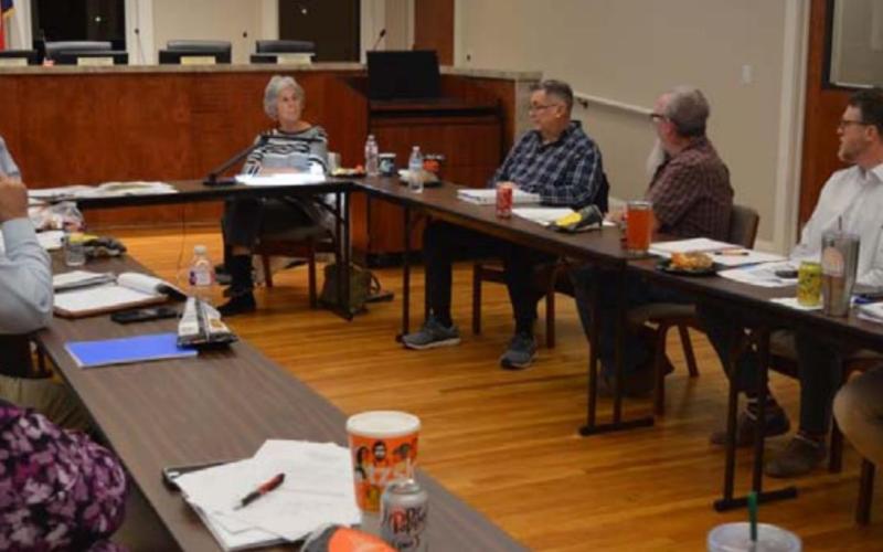 The group listens to Councilman Chuck Williamson, fourth from the right, as he mentions his perspective on the business park development during Monday’s roundtable. MONIQUE BRAND | DISPATCH RECORD