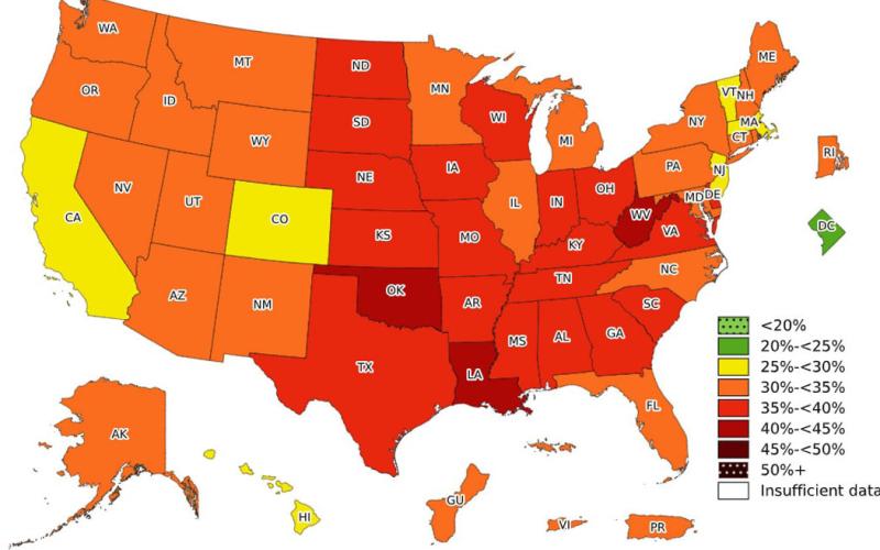 courtesy graphic | centers for disease control and prevention The Centers for Disease Control and Prevention 2022 Adult Obesity Prevalence Maps for the 50 states, the District of Columbia, and three U.S. territories show the proportion of adults with obesity. These maps are based on self-reported weight and height from the Behavioral Risk Factor Surveillance System.