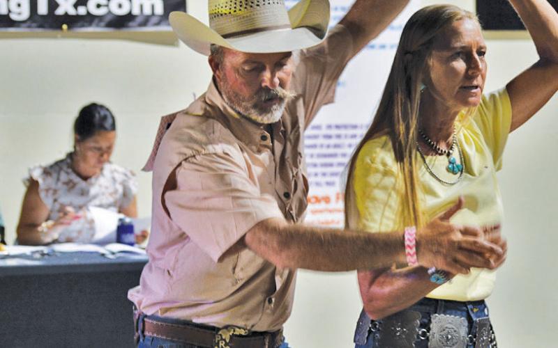 Dance partners Paul and Lara Cline perform the polka for judges during Thursday night’s Spring Ho Dance Contest at Putters &amp;amp; Gutters. erick mitchell | dispatch record
