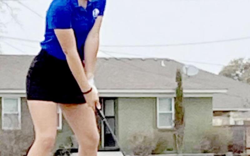 Kenlee Turner tees off at Gatesville Country Club, where she placed fourth and the Lady Badgers were first as a team on Tuesday. JAYME VALLES | COURTESY PHOTO