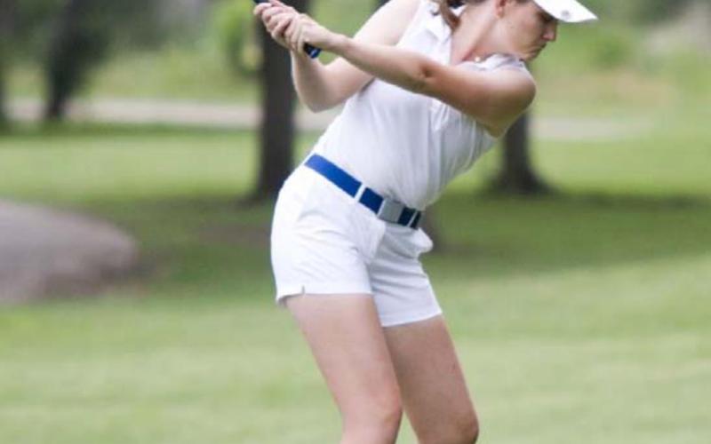 Senior Kinsley Lindeman tees off during round two of the state golf tournament at Plum Creek in Kyle. JEFF LOWE | DISPATCH RECORD