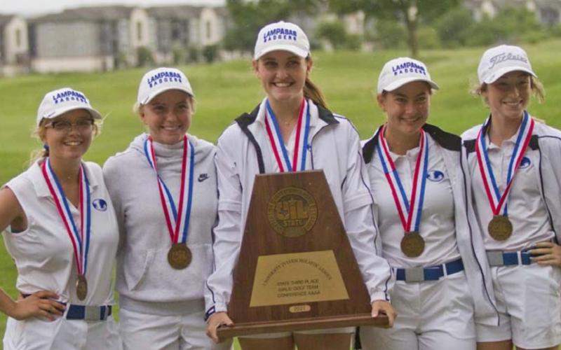 After officials suspended the remaining few holes of Tuesday’s round due to lightning, Lampasas placed third. Pictured, left to right, are Elizabeth Cross, LeeAnn Parker, Kinsley Lindeman, Shaylee Wolfe and Kylee Rutledge. JEFF LOWE | DISPATCH RECORD