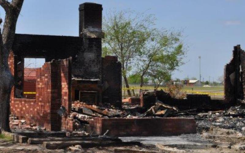 A fire Sunday morning destroyed this house two blocks from the Lometa Independent School District campus. COURTESY PHOTO