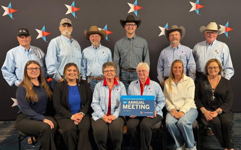 Lampasas County Farm Bureau directors were in Arlington for the 92nd annual Texas Farm Bureau State Conference. Representing the county were, front row from left, Chasity Rojas, Ava Rojas, Donnis Self, Janet Machen, Lara Cline and Jani Edwards; back row, Mike Hail, Dr. Steve Forsythe, County Farm Bureau President Stephen Ruzicka, Heston McBride, PR Cline and Mickey Edwards. COURTESY PHOTO