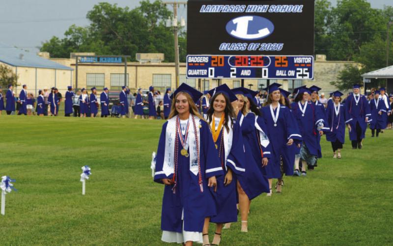 Graduation ceremonies took place Friday at Badger Stadium. Although stormy weather threatened, student presentations proceeded, and commencement took place for the Lampasas High School Class of 2025.. ERICK MITCHELL | DISPATCH RECORD