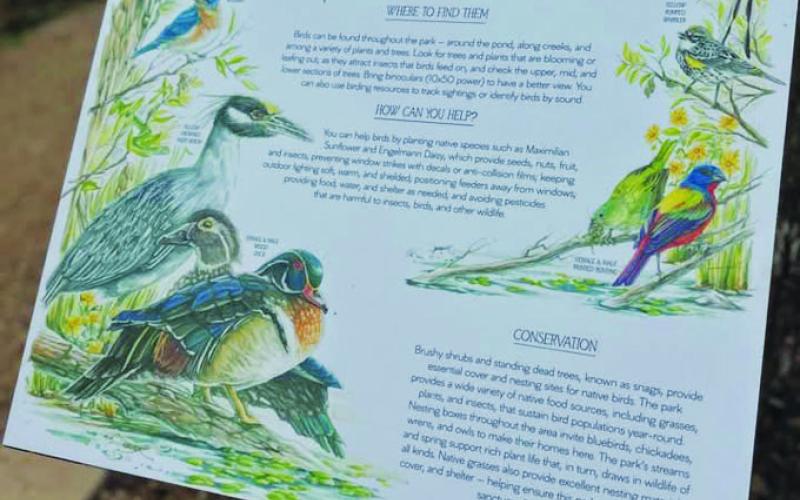 This sign helps visitors know what birds to look out for while enjoying the sights and sounds of Cooper Spring Nature Park. COURTESY PHOTO