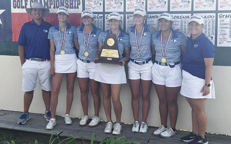 The girls’ golf team poses with their trophy and medals from the regional golf tournament. COURTESY PHOTO | LAMPASAS ATHLETICS FACEBOOK