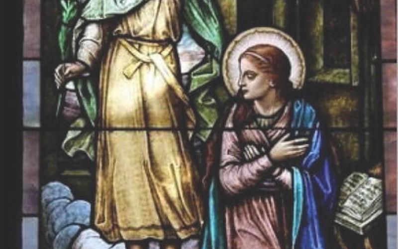 “The Annunciation” is the only stained-glass window at St. Mary’s Episcopal Church that depicts its patron saint, the mother of Jesus. It was given in memory of T.H. Haynie by his daughter, Mrs. C.D. Stokes. A miniature of the window is featured at the museum as part of the exhibition for the 150th anniversary of the church’s founding. COURTESY PHOTO