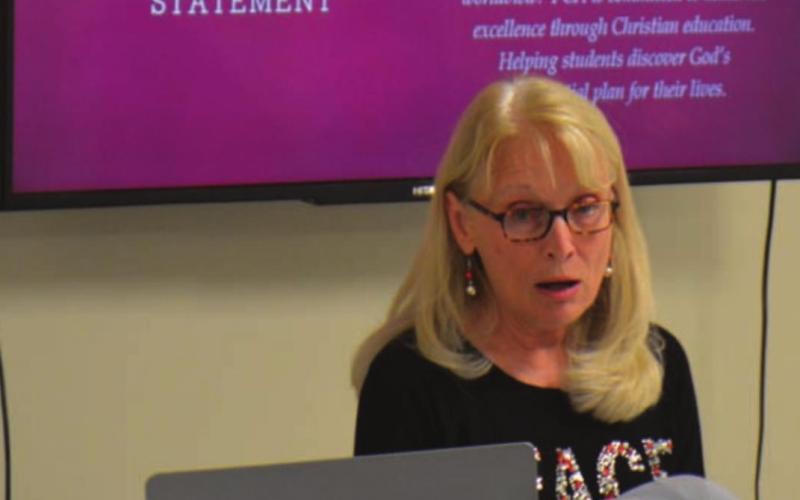 Julie Williams presents the vision and mission of Providence Christian Academy of Lampasas at a Dec. 7 informational meeting. VERONICA BUTLER | DISPATCH RECORD