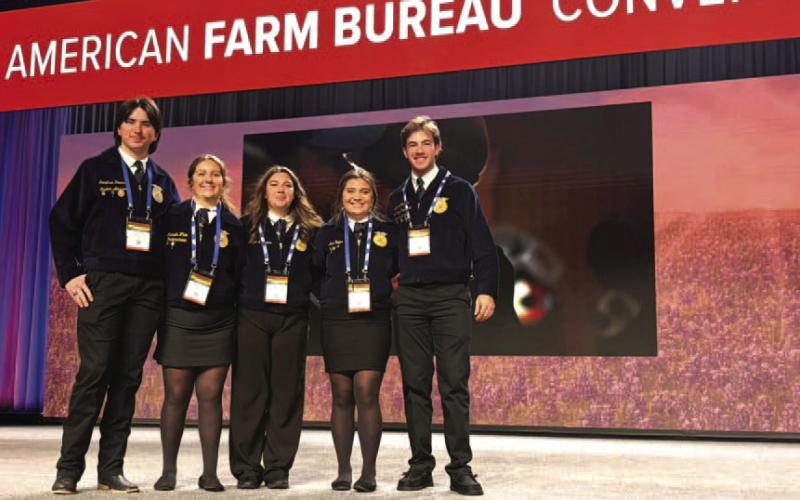 Lampasas FFA officers Jonathan Harris, Michaela White, Abigail Justice, Ava Rojas and Daren Tristan, pictured left to right, attended the annual American Farm Bureau Federation Convention Youth Leadership program on Jan. 26 in San Antonio. COURTESY PHOTO