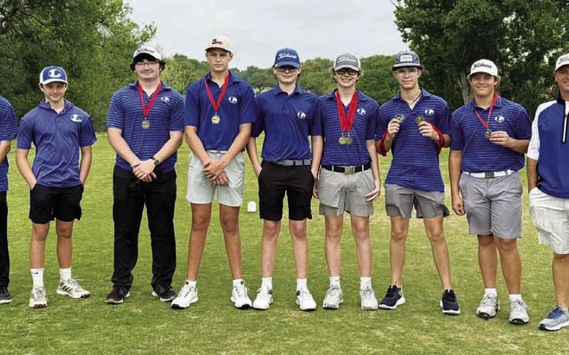COURTESY PHOTO | LAMPASAS ATHLETICS FACEBOOK The junior varsity golf team poses with their medals after winning the district championship last week.