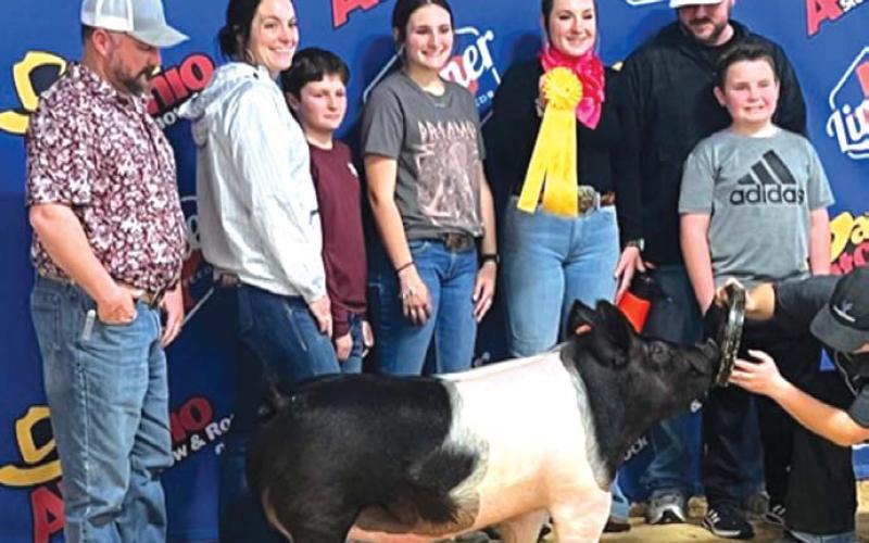 Lampasas FFA member Avery Hopson, center, took fifth place with her heavyweight dark crossbred hog at the San Antonio Livestock Show. court esy photo
