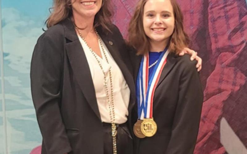 Lometa Speech Coach Cheri Jay-Wienecke, left, and Lometa senior Phallon Jones are shown after Jones’ UIL Persuasive Speaking win. courtesy photo