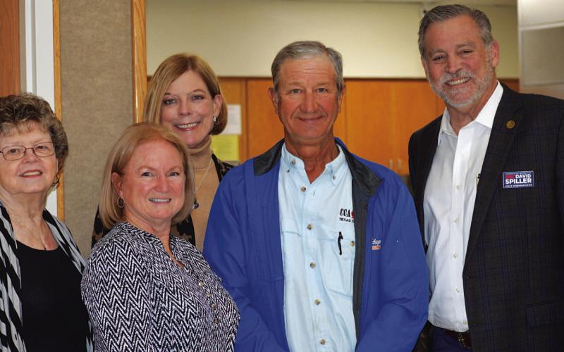 Donnis Self, left, Janet Machen and Benton Floerke – three of the directors of Lampasas County Farm Bureau – were among those who attended a Tuesday political forum sponsored by the Lampasas Area Republican Women. Featured at the event were judicial candidate Lesli Fitzpatrick, third from left, and District 68 State Rep. David Spiller of Jacksboro, at right. JIM LOWE | DISPATCH RECORD