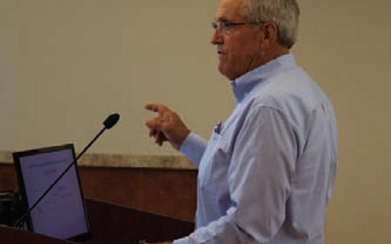 Robert Bohning Jr., of the WCID #1, makes a presentation to the City Council about the value of the floodcontrol dams to Lampasas. HUNTER KING | DISPATCH RECORD