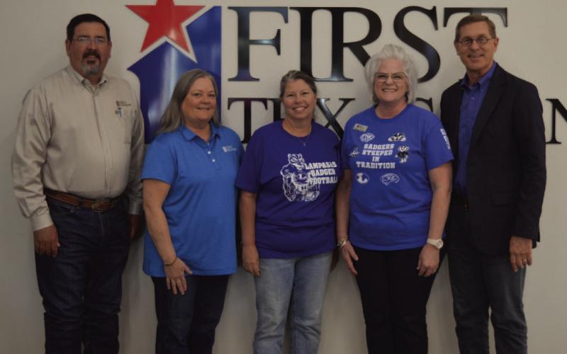 First Texas Bank staff, from left to right, Lee Loeffler, Donna Roberts, Pam Hunter, Ladonna Bishop and Kelvin Barkowsky are among those who are proud to be a part of the financial institution that has served Lampasas for 140 years. ERICK MITCHELL | DISPATCH RECORD