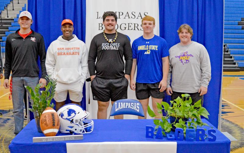 Badgers who signed with college programs on Wednesday include, left to right, receiver Lane Haviland, Navarro College; receiver Mike Murray Jr., Sam Houston State;  guard John Long, Rice University;  defensive end Owen Seaver, Angelo State University; and center Hayden Waldrip, Hardin-Simmons University.