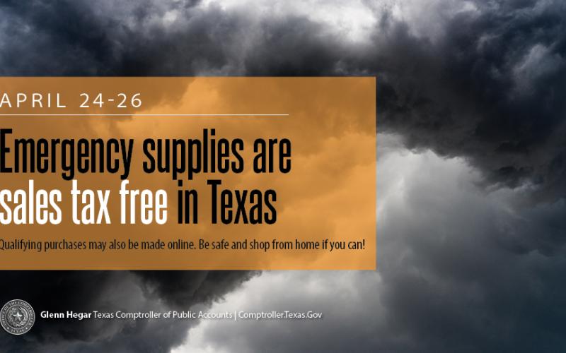 Texas Comptroller Glenn Hegar reminds Texans they can purchase certain items tax-free during the state’s sales tax holiday for emergency preparation supplies starting Saturday. | Comptroller Office