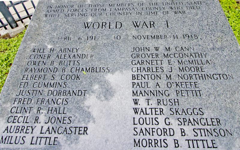 A monument outside the Lampasas County Courthouse honors local men killed in World War I.