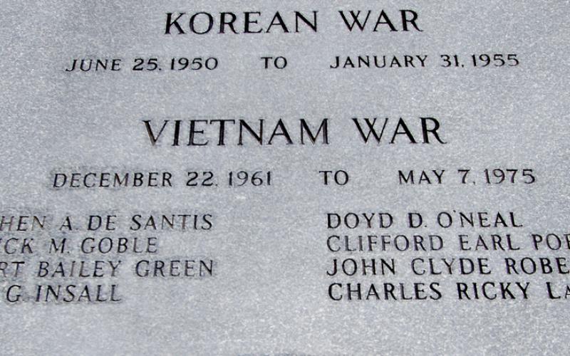 A monument outside the Lampasas County Courthouse honors local men killed in the Vietnam War.