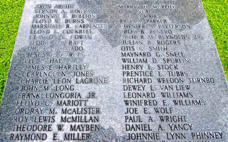 A monument outside the Lampasas County Courthouse honors local men killed in World War II.