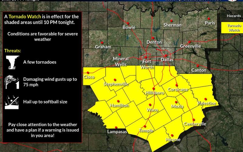 The National Weather Service issued a tornado watch for Lampasas, Bell, Coryell, Hamilton, Burnet and surrounding counties. A NWS graph depicts the counties affected.