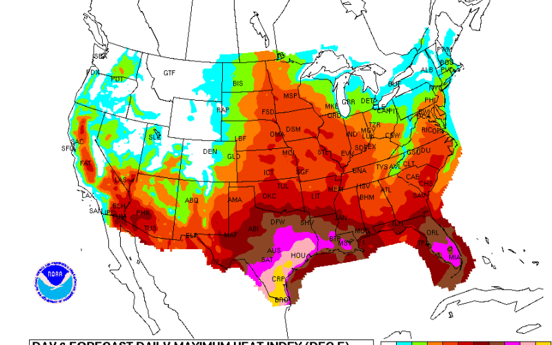 The National Weather Service predicts high heat indices on Thursday, Friday, and over the weekend. This NWS graphic shows Lampasas County may see a heat index of between 105 and 110 on Thursday.