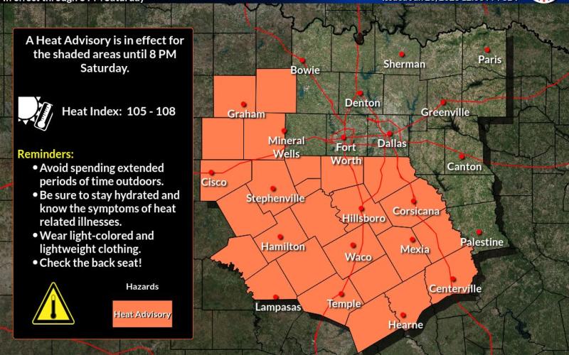 A National Weather Service graphic shows a heat advisory is in effect until 8 p.m. Saturday for portions of North and Central Texas, including Lampasas and surrounding counties.