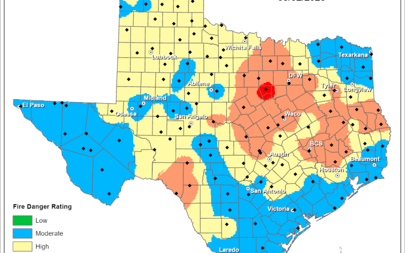 A Texas Forest Service graphic issued on Wednesday shows Lampasas County and much of Central Texas in a very high fire danger zone. 
