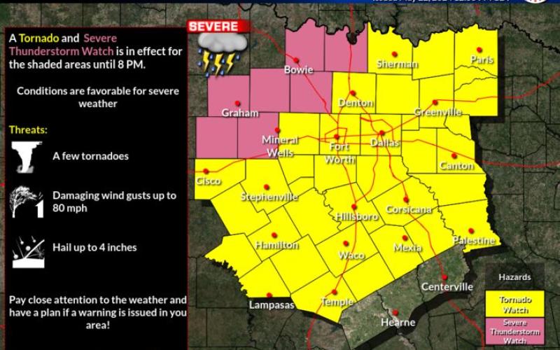 A National Weather Service graphic shows a tornado watch and flood watch issued in the region this evening.