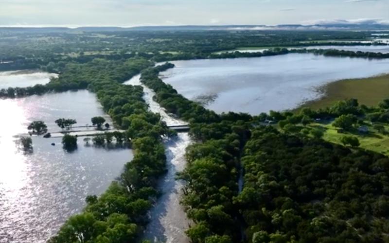 Drone photo of flooding of the Lampasas River at Adamsville.