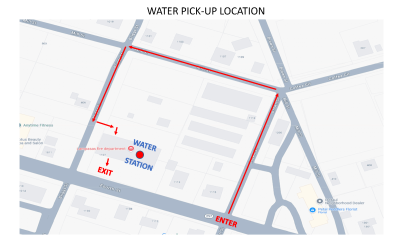 A City of Lampasas graphic shows a counter-clockwise route for water pickup along Brown, Mills and Briggs streets at the Lampasas Fire Department.