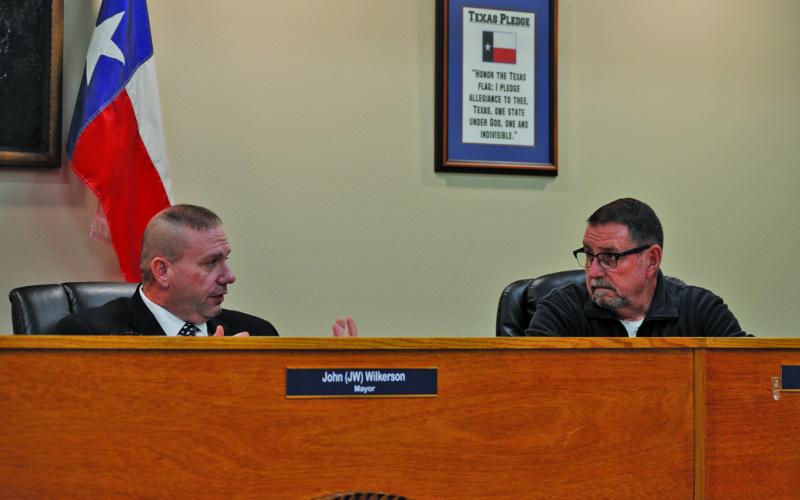 Mayor John Wilkerson, left, and Councilman Rob Green discuss how a property tax freeze for homeowners age 65 and old might affect Kempner city revenues and the tax burden on other residents. The proposal was discussed at Tuesday’s Kempner City Council meeting, but no action was taken. ERICK MITCHELL | DISPATCH DISPATCH