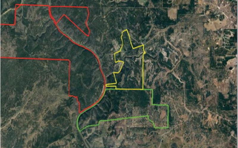 Land outlined in red belongs to Colorado Bend State Park. The Texas Parks and Wildlife Commission on Thursday approved the acquisition of 1,100 acres in Lampasas and Burnet counties – outlined here in yellow – to be designated for a state park. In a previous action, the TPW Commission approved the purchase of the 2,020 acres outlined in green to create a new state park.