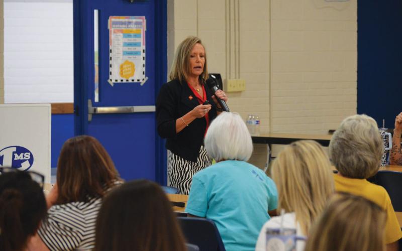 Kelly Trompler, education planner for WRA Architects, outlines results from the community survey completed in the spring about support for a potential bond election and facility needs for Lampasas Independent School District. ERICK MITCHELL | DISPATCH RECORD