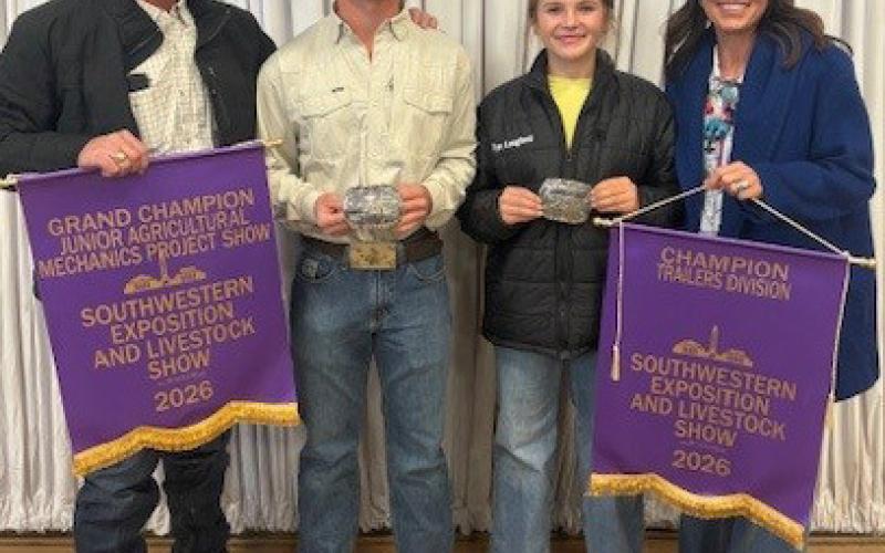 Tate Langford, second from left, exhibited the Grand Champion Junior Ag Mechanics Project at the Southwestern Exposition and Livestock Show in Fort Worth. A photo of his trailer is inside on page 7. COURTESY PHOTO
