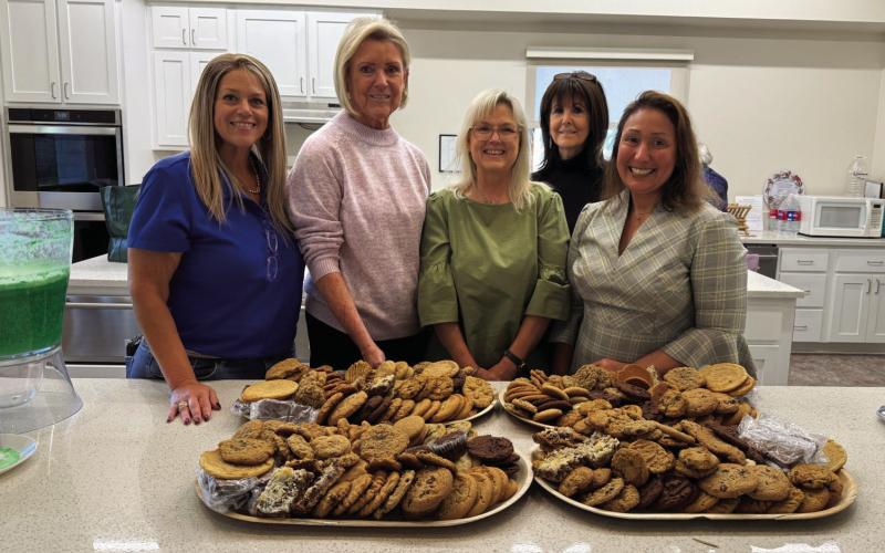Project Committee members – from left to right, Danielle Shepard, Cathy Allen, Bernadine Wagner, Sherry Gillen-Milligan and Jo Ann San Miguel – arranged cookies on platters for delivery to first responders. SHANNA SIBBERSON | COURTESY PHOTO