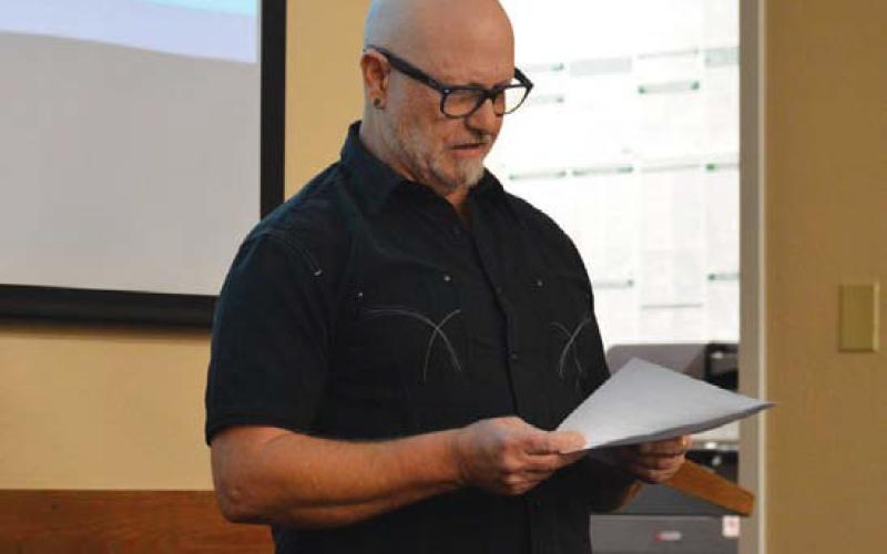 erick mitchell | dispatc h record Andrew Landrum spoke during the public forum portion of Monday’s school board meeting to advocate for the reinstatement of a vocal music program in Lampasas schools.
