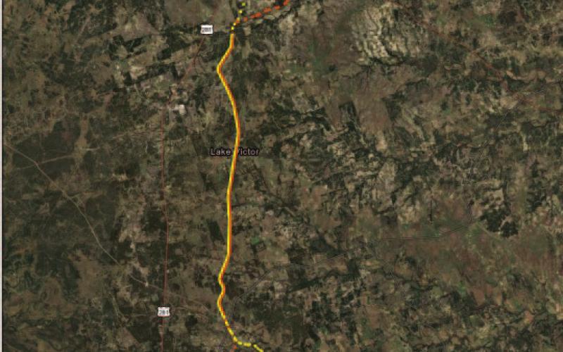 This look at Texas Materials’ proposed rail line would run east of U.S. 281 up into Lampasas County. SCREENSHOT | SAFETY TRANSPORTATION BOARD