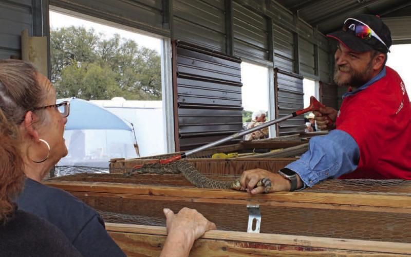 Snake volunteer Mac Pauly offers Lometa resident Ponice Medders a closer look of Saturday’s rattlesnake attraction. For more photos from the Diamondback Jubilee and rodeo results, see page 3. MASON HINES | DISPATCH RECORD