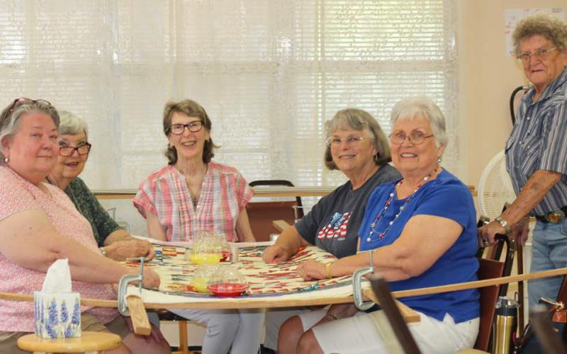 Patchwork Pals quilting group members include (from left) Connie Hamill, Shirley Beyer, Kay Shelton, Ginger Henderson, Carolyn Hamilton, and standing is Gloria Morris. joycesarah mccabe | dispatch record