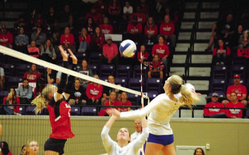 Pelbath goes up for a kill off the Dowdy set. HUNTER KING | DISPATCH RECORD