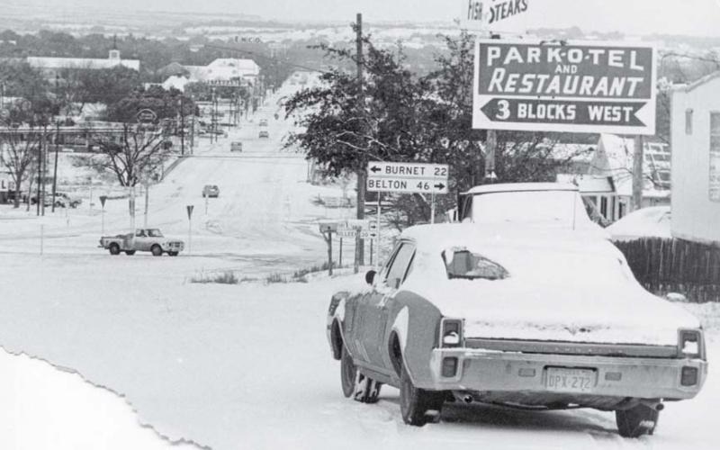 Key Avenue is blanketed with snow in this view looking north from the southern edge of town. lampasas dispatch photo, January 1973