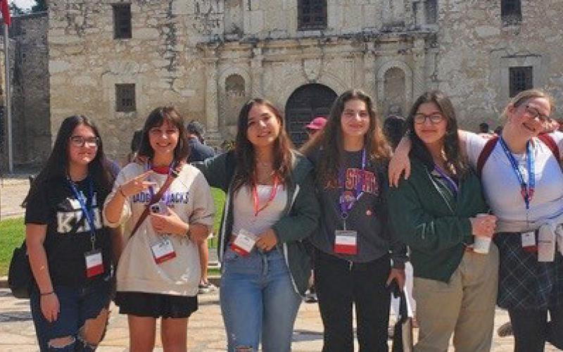 Veronica Butler is online editor of the Lampasas High School news staff, pictured left to right, Joe Neuenschwander, Kilana Baird, Dakota Decker, Camille Rivera, Amelia Stanley, Jade Arzola, Butler and Lucy Mantilla. Not pictured: Katie Johnson and adviser Kayla Cain. courtesy photo