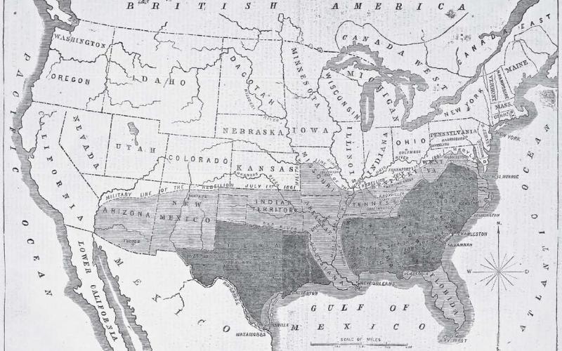 A map of the divided South appeared in Harper’s Weekly. “The light tint on the map shows the territory which since [October 1961] has been conquered by our forces, amounting to at least one half of the original Confederacy. And the half which has been left has, as the reader will perceive, been entirely cut into two separate sections by our possession of the Mississippi and our victories in East Tennessee” -- Harper’s Weekly, March 19, 1864.